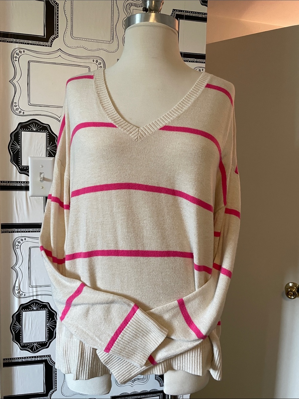 LOFT Cream Sweater with Hot Pink Stripes V-Neck